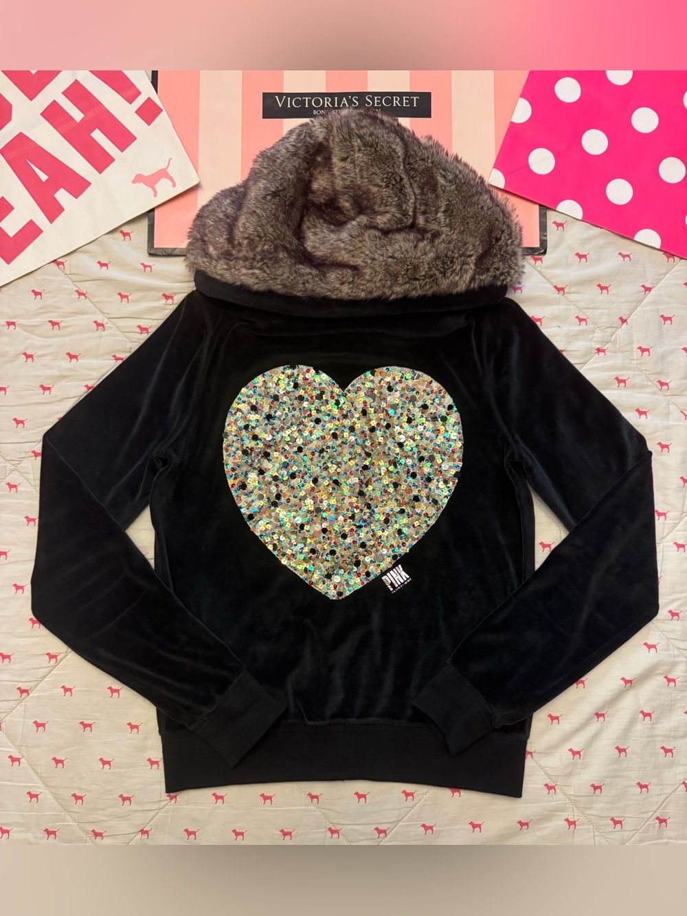 VS PINK VINTAGE Y2K ZIP UP HOODIE JACKET BLACK VELOUR FUR LINED BLING HEART RARE